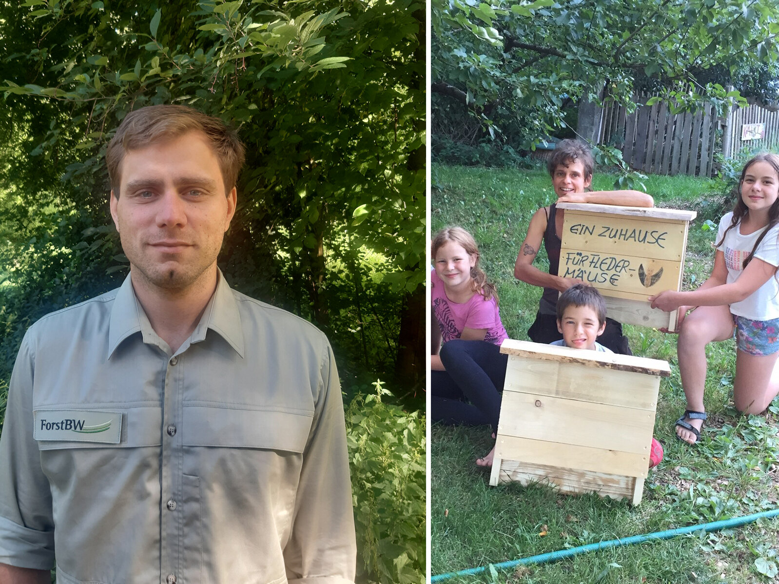 Georg Löffler, Stellvertretender Leiter Forstbezirk Odenwald / Naturschützerin Heike Johannsen mit Fledermauskasten